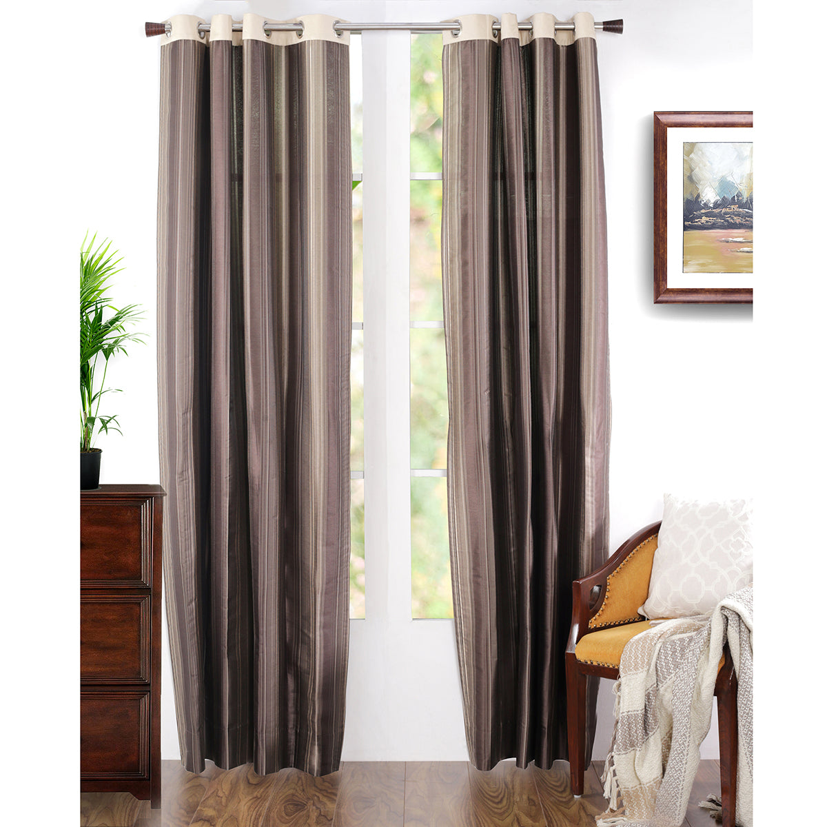 Duo Stripe Woven 2PC Black/ Nurture Brown/ Linen Curtain Set