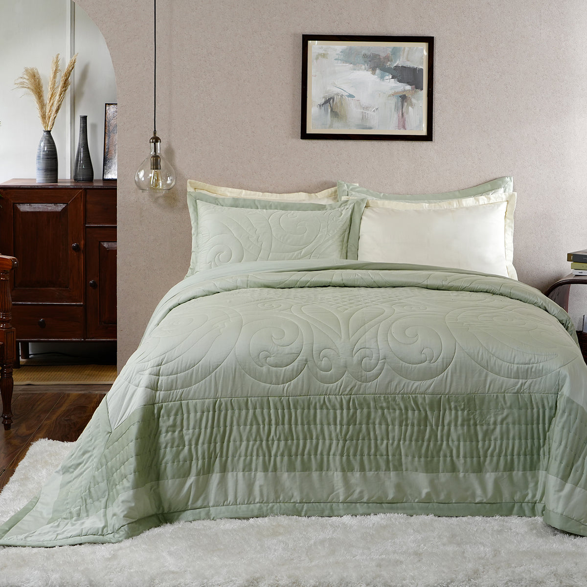 Tranquil Essence Cambric Lawn Green Summer AC Quilt/Quilted Bed Cover/Comforter