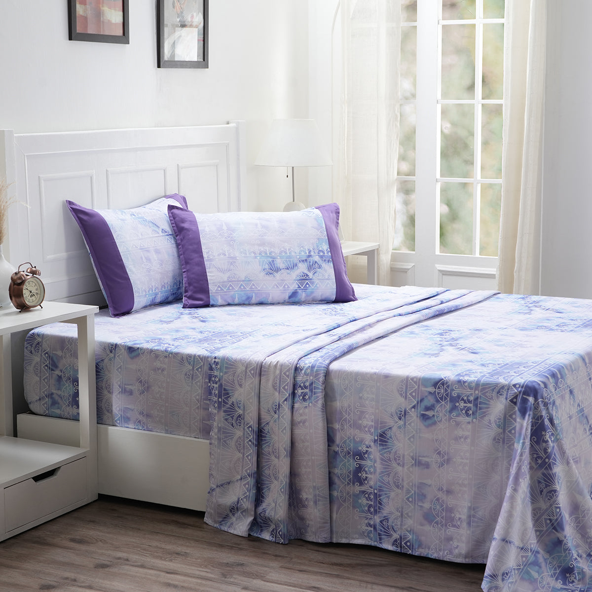 Royal Botanic 200 TC Pinterly Grid Blue 100% Cotton Bed Sheet With Pillow Case