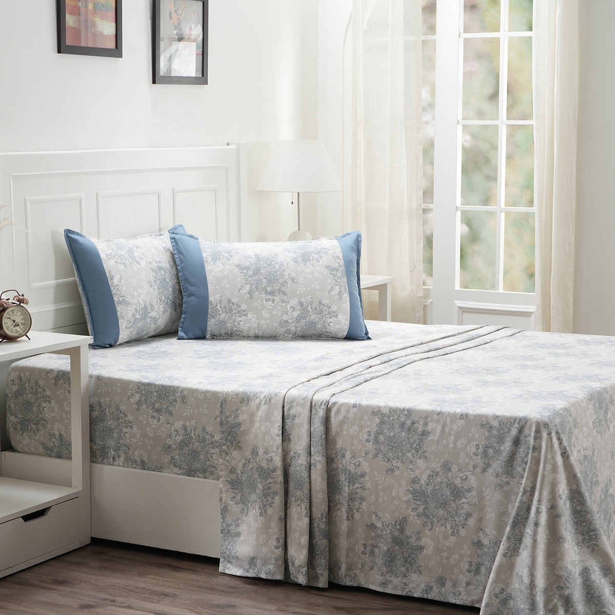 Royal Botanic Azalea Blue 200TC Cotton Bed Sheet With Pillow Case