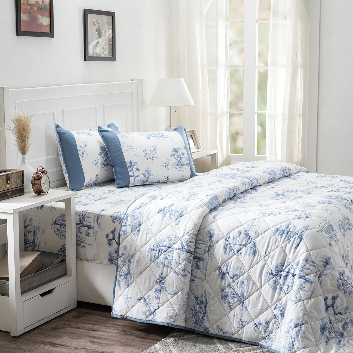 Royal Botanic Nature Toile Blue 4PC Quilt/Quilted Bed Cover Set