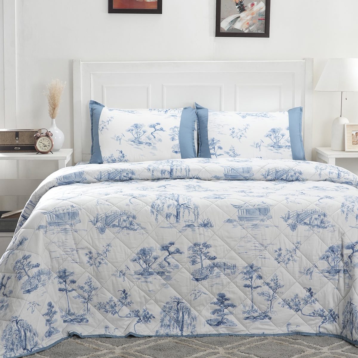 Royal Botanic Nature Toile Blue 4PC Quilt/Quilted Bed Cover Set