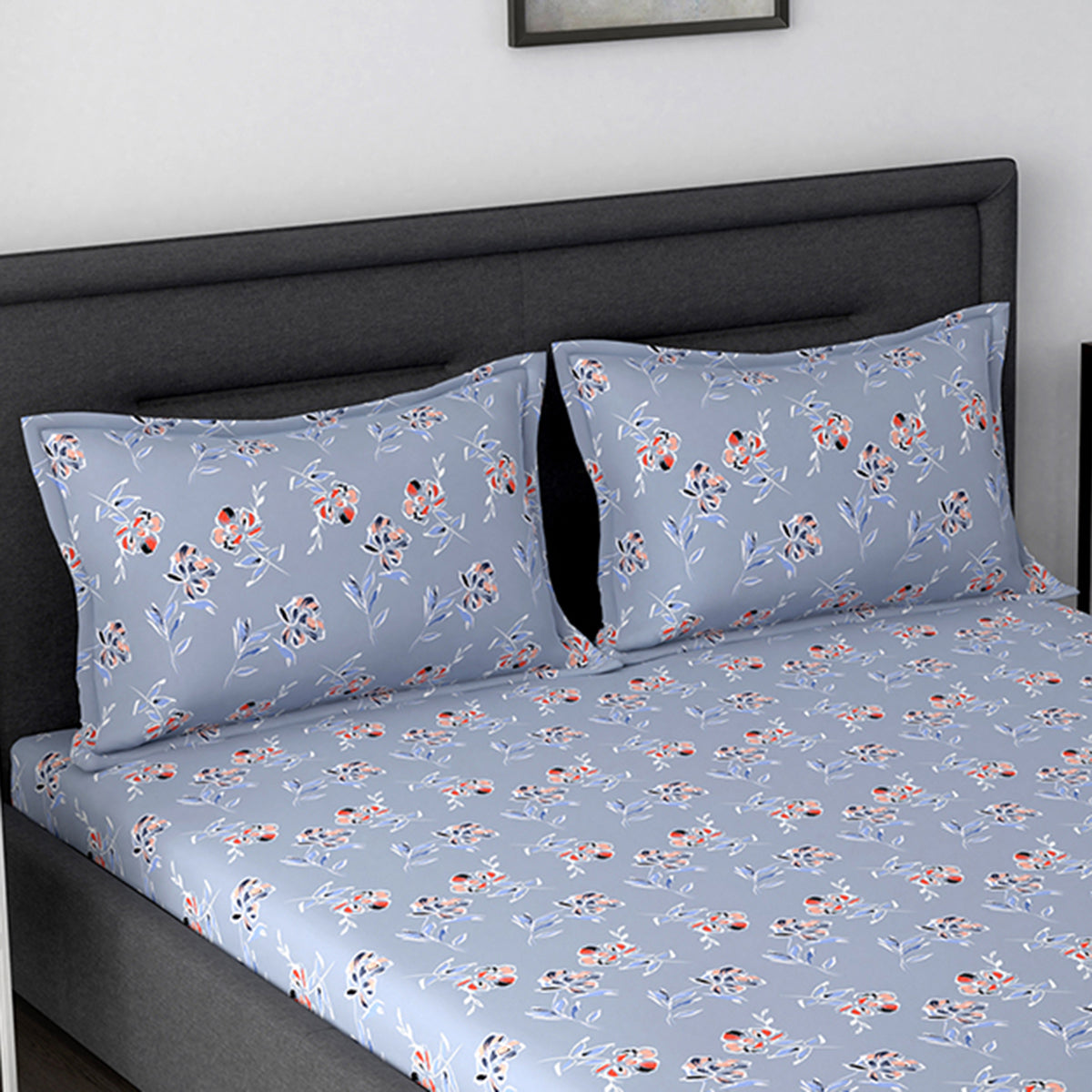 Tranquil Serenity Blossom Retreat 100% Cotton Printed Blue Pillow Case Set Of 2