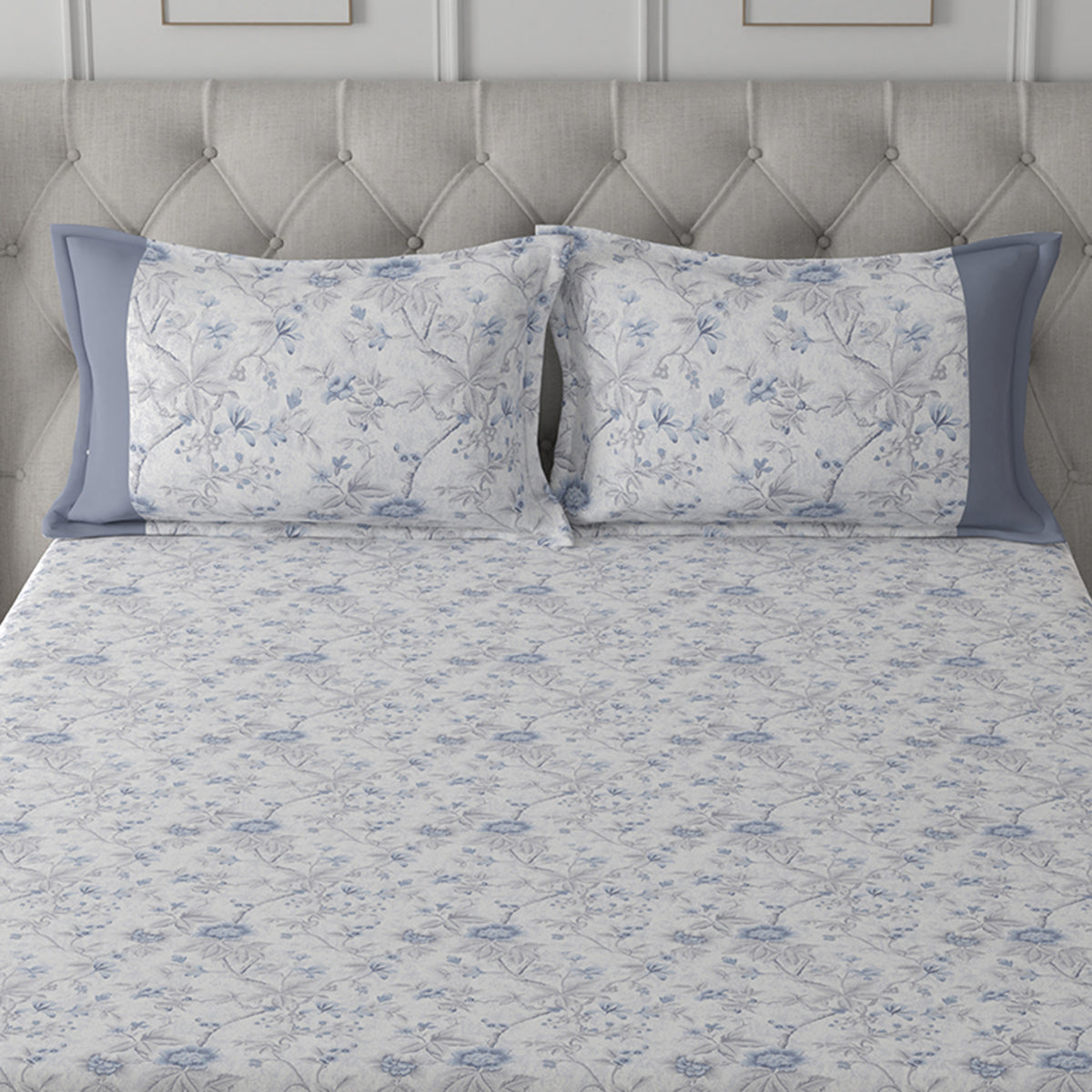 Tranquil Serenity Floral Impression 100% Cotton Printed Blue Pillow Case Set Of 2