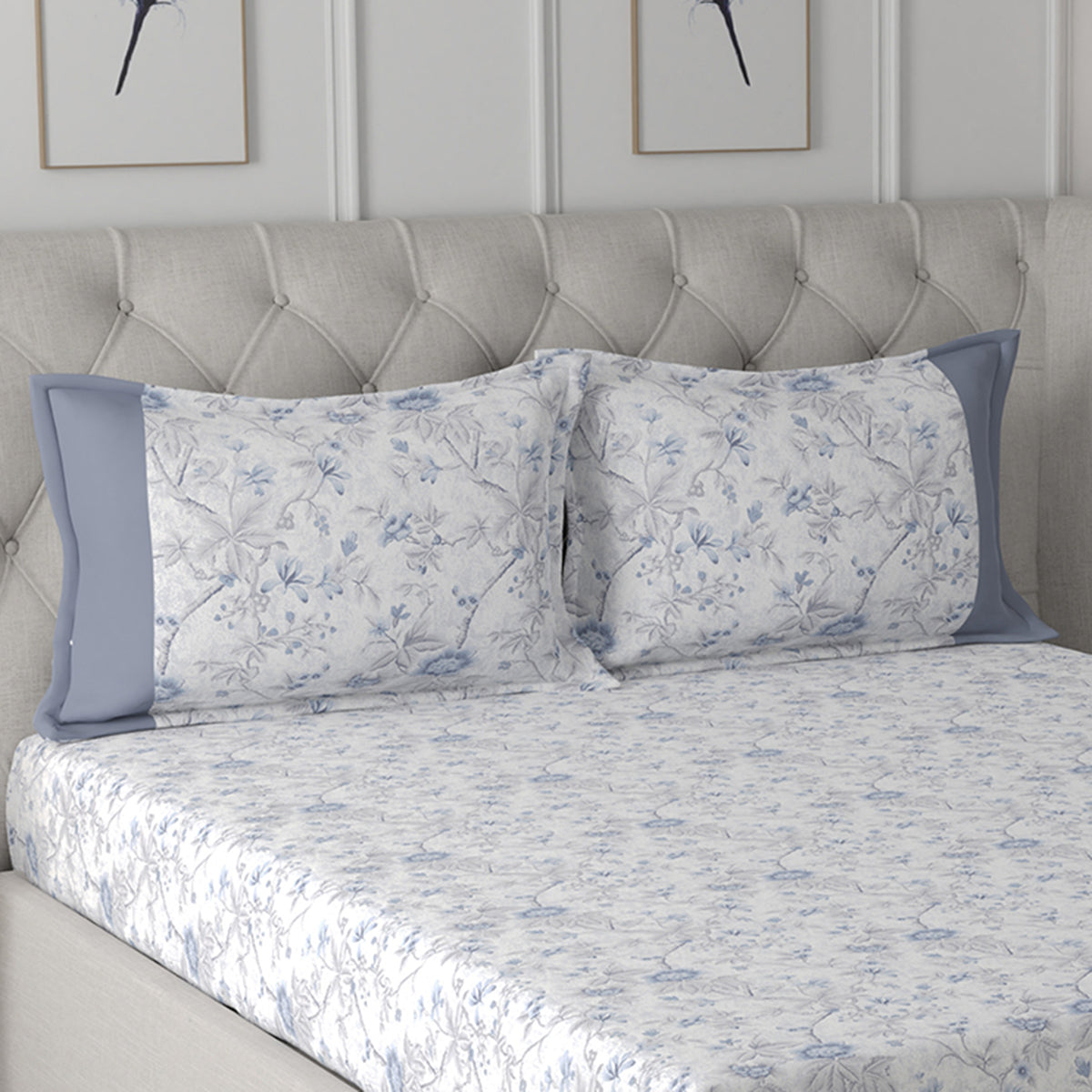 Tranquil Serenity Floral Impression 100% Cotton Printed Blue Pillow Case Set Of 2