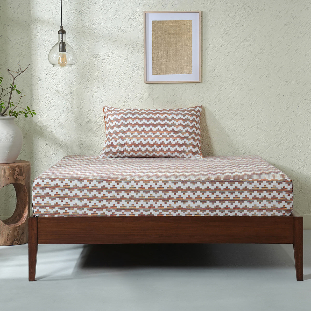 Whimsy Nature Twisty Melange Digital Printed 100% Cotton Rust Bedsheet with Pillow Case