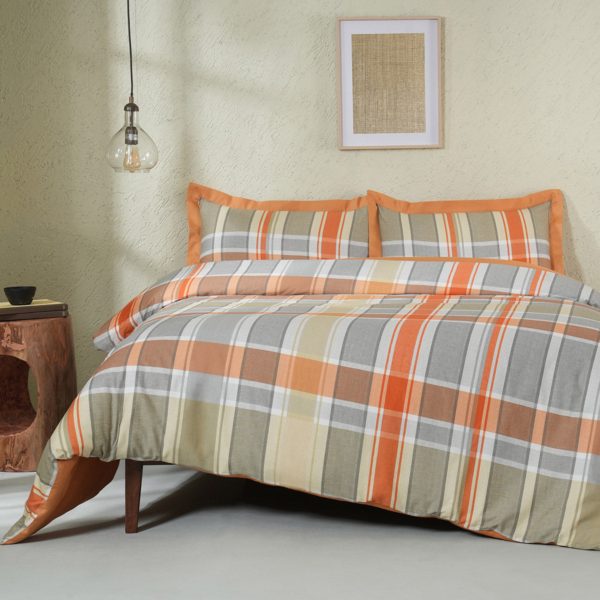 Whimsy Nature Vivid Plaid Woven 100% Cotton Rust Duvet Cover with Pillow Case