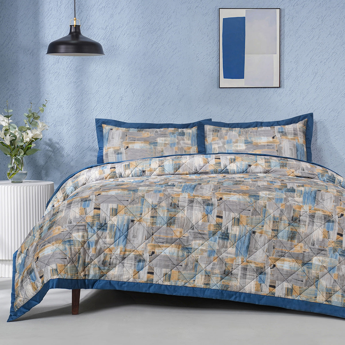 Whimsy Nature Brush Strokes Quilt/Quilted Bed Cover Blue