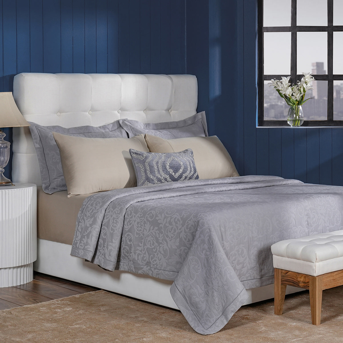 Classical Impression Curly Scroll 100% Cotton 8pcs Bed Cover Set Grey