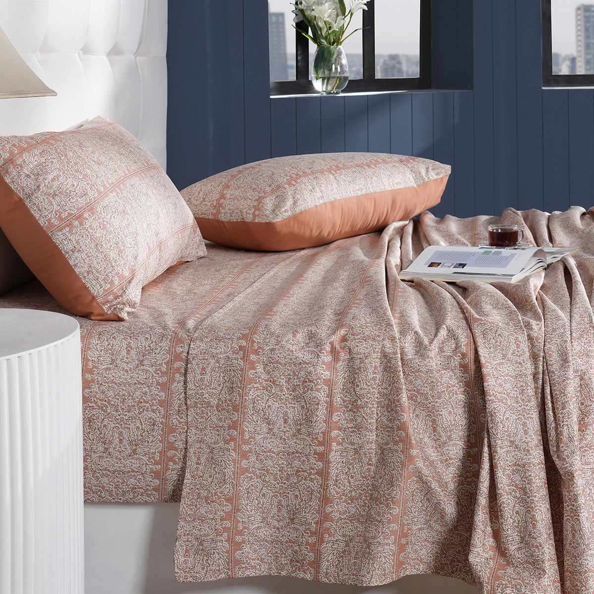 Classical Impression Folkloric 100% Cotton Bedsheet with Pillow Case Rust