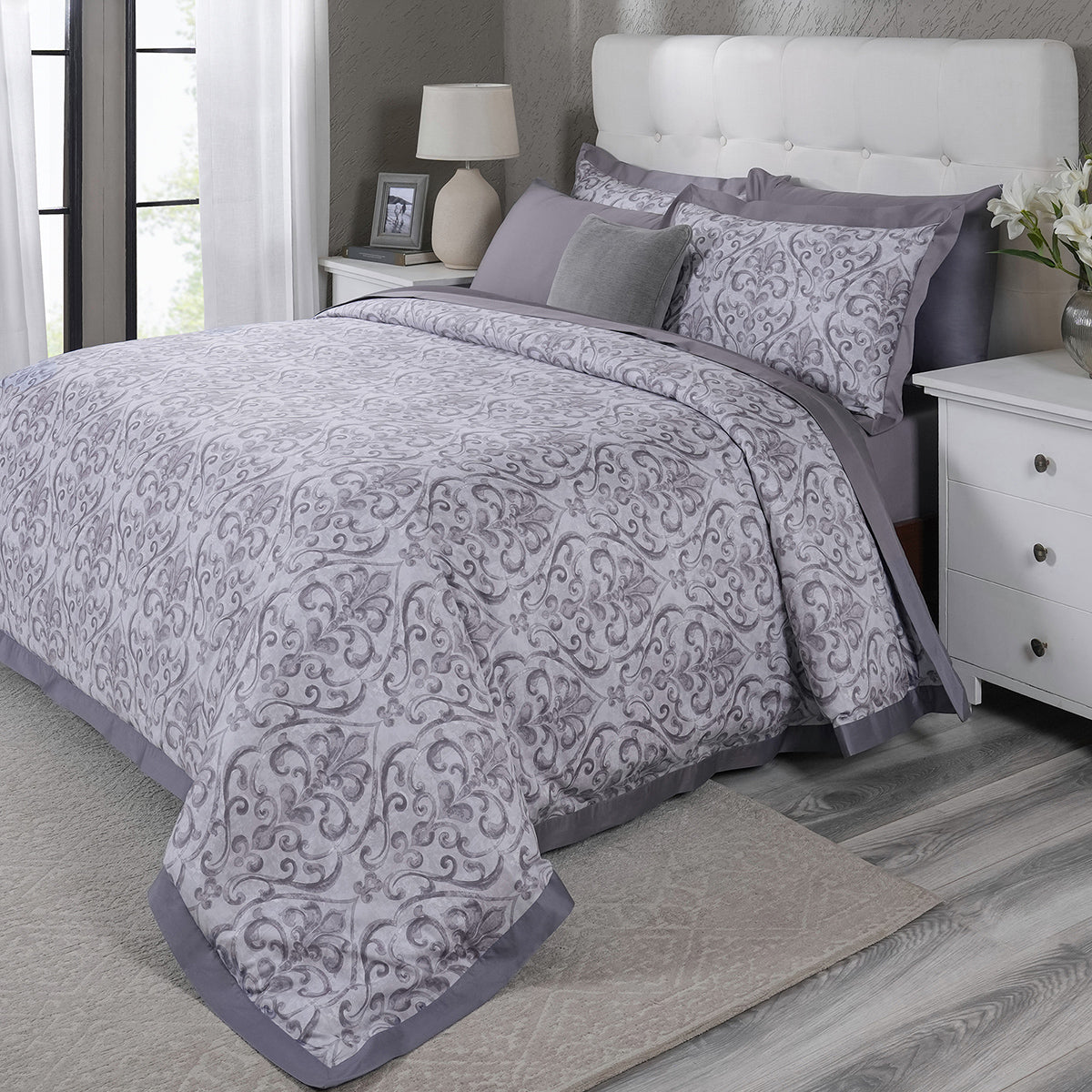 PBS Vintage Chic Dawson 100% Cotton 8 Pcs Duvet Cover Set Grey