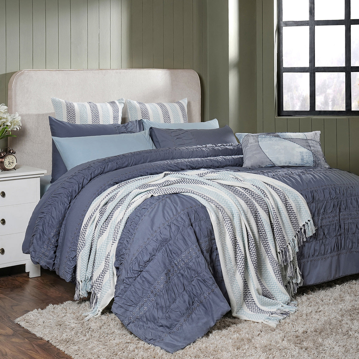 Rurban Elegance Ruching Rhapsody 11 pcs Quilt/Quilted Bed Cover Set Grey