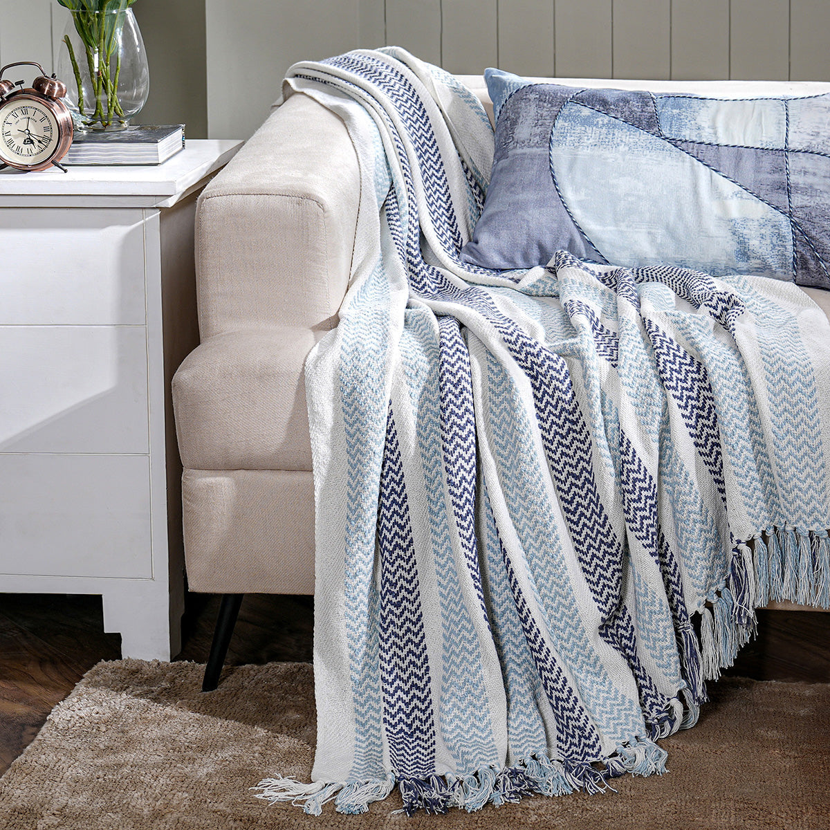 Rurban Elegance Crooked Stripe 100% Cotton 1PC Throw Blue