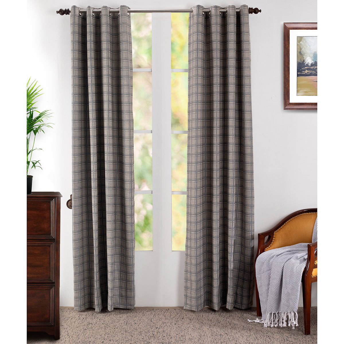Bliss Check Jaccard 2PC Blue Curtain Set