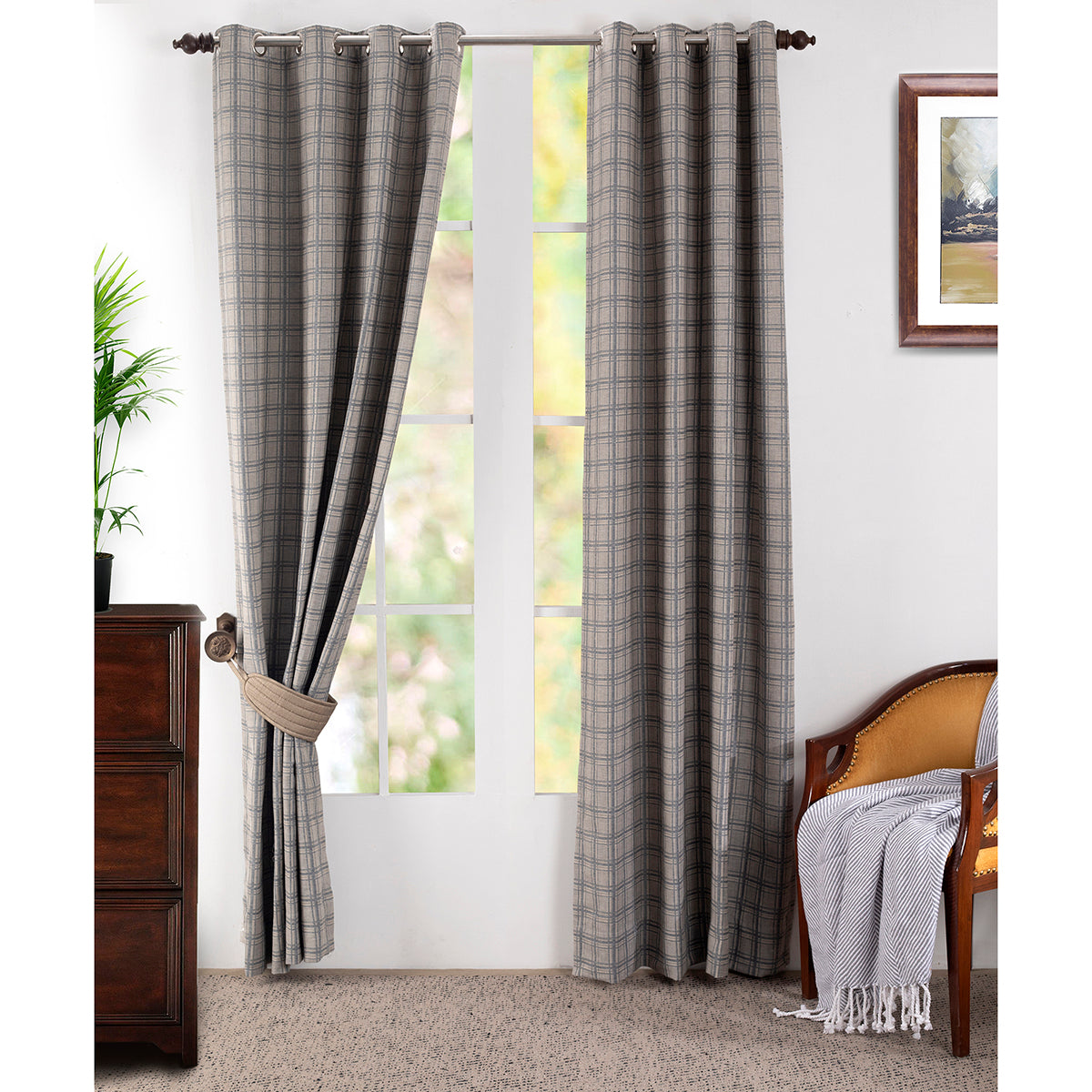 Bliss Check Jaccard 2PC Blue Curtain Set