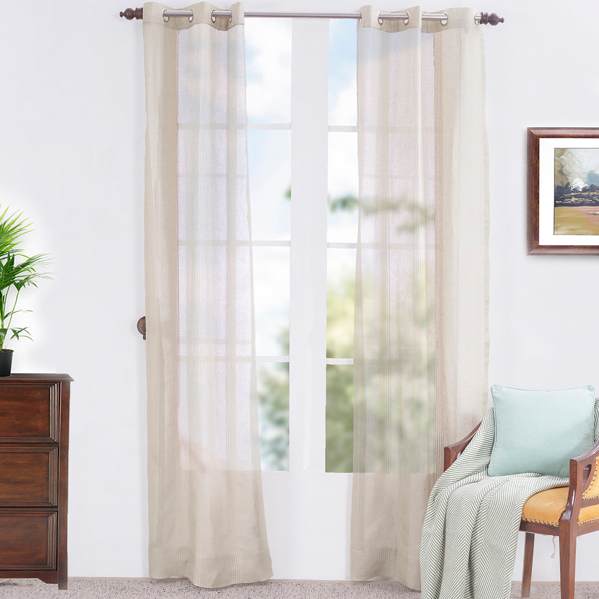 Cannabis Stripe Solid 2PC Beige Curtain Set