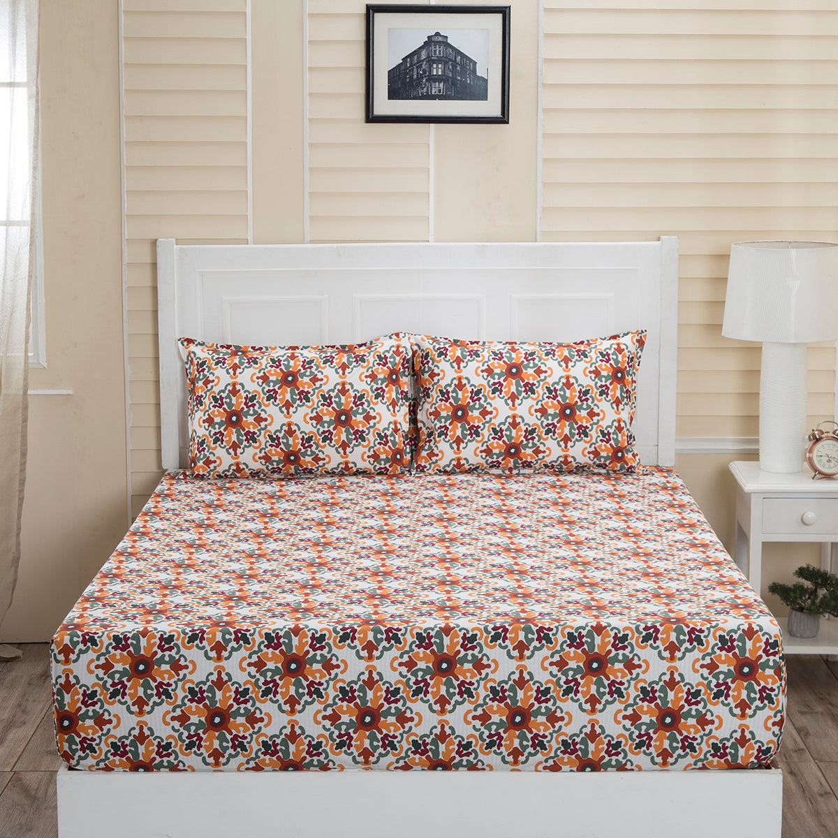 Donatella Cadence Printed 144 TC 100% Cotton Orange Bed Sheet with Pillow Case