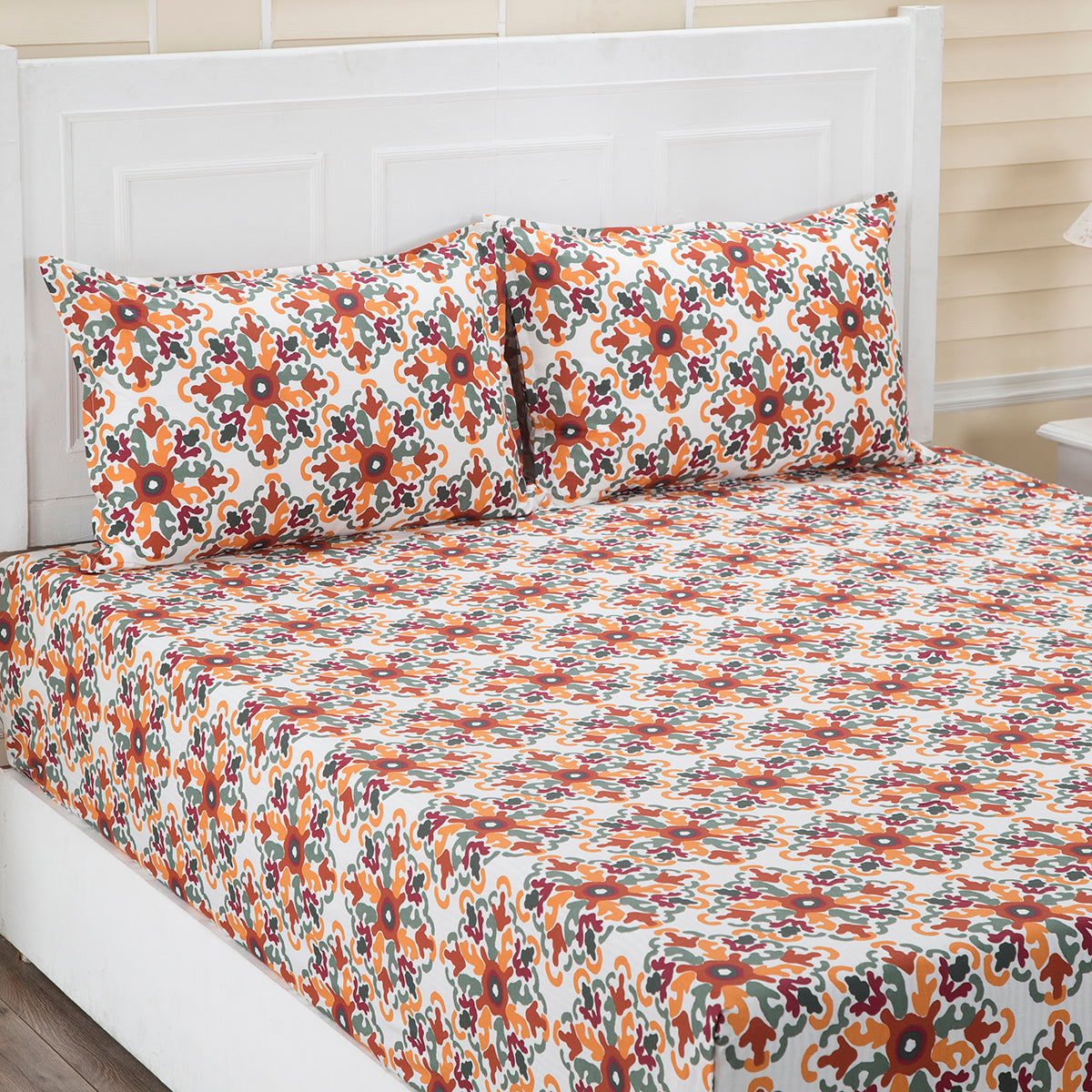 Donatella Cadence Printed 144 TC 100% Cotton Orange Bed Sheet with Pillow Case