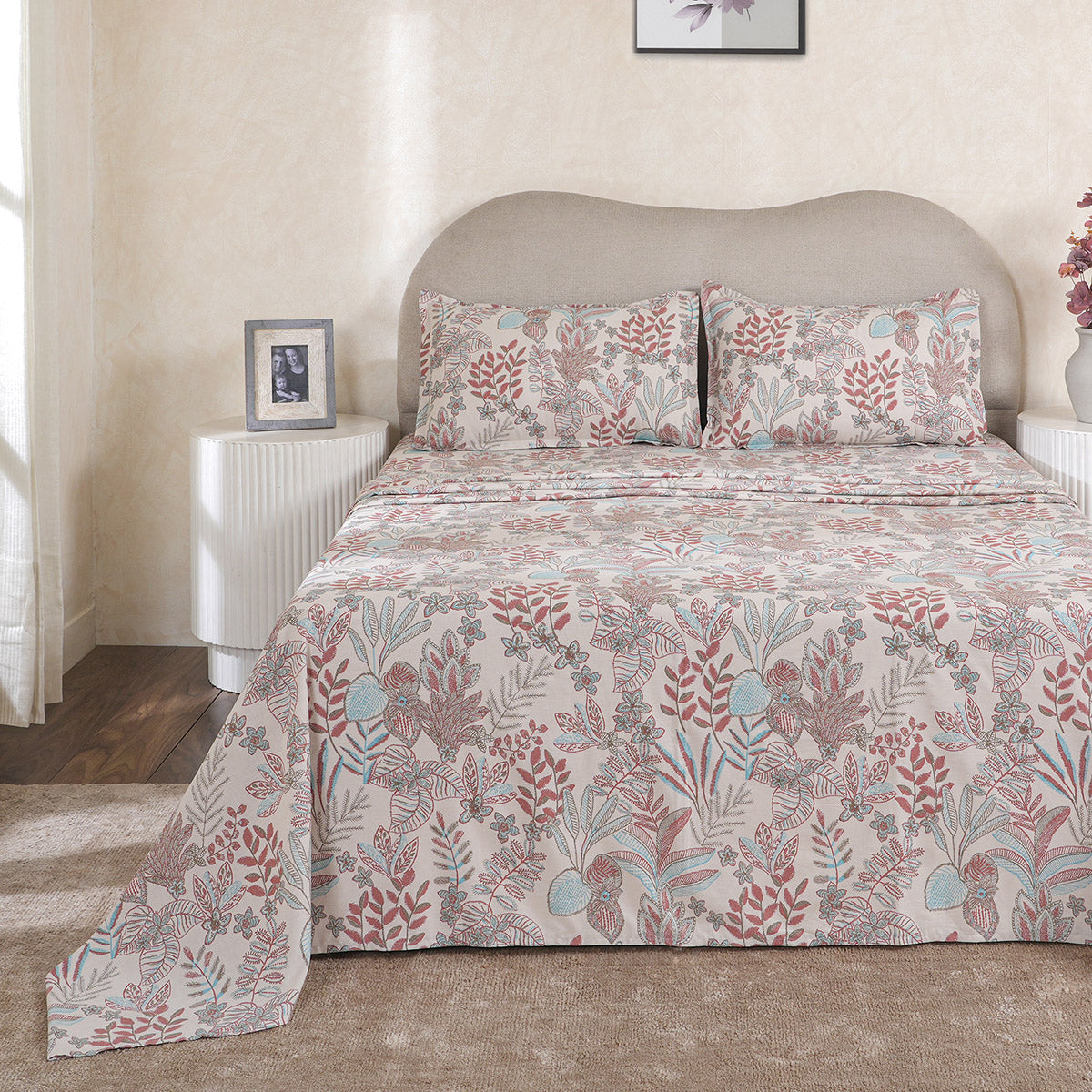 Hermosa Botanic Bloom Garden Muse 100% Cotton Printed Bedsheet with Pillow Case Red