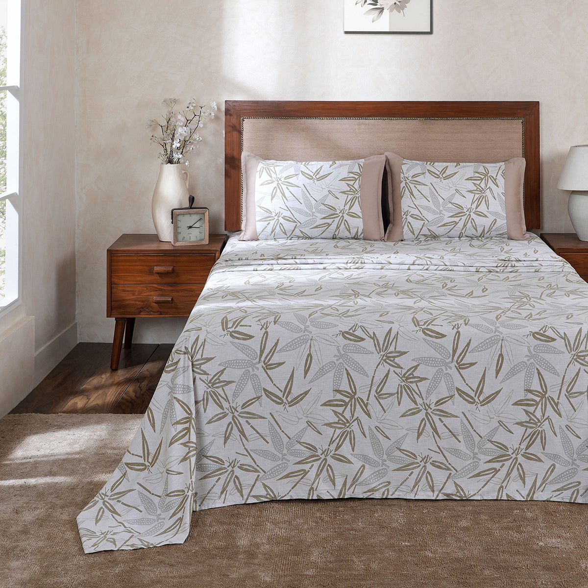 Hermosa Botanic Bloom Bamboo Breeze 100% Cotton Printed Bedsheet with Pillow Case Beige