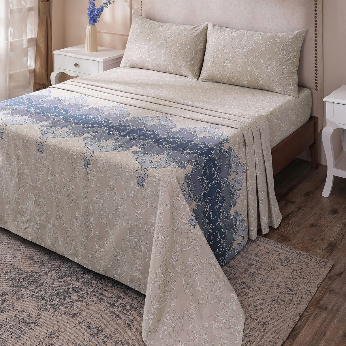 Ornamental Elegance Coronet 100% Cotton Bedsheet with Pillow Case Blue