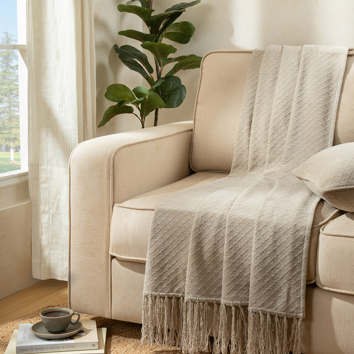 Blaize 100% Cotton Solid Weave Beige 1Pc Throw