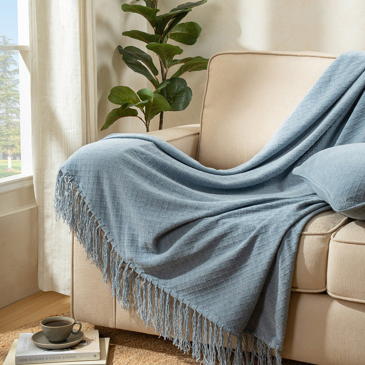 Blaize 100% Cotton Solid Weave Blue 1Pc Throw