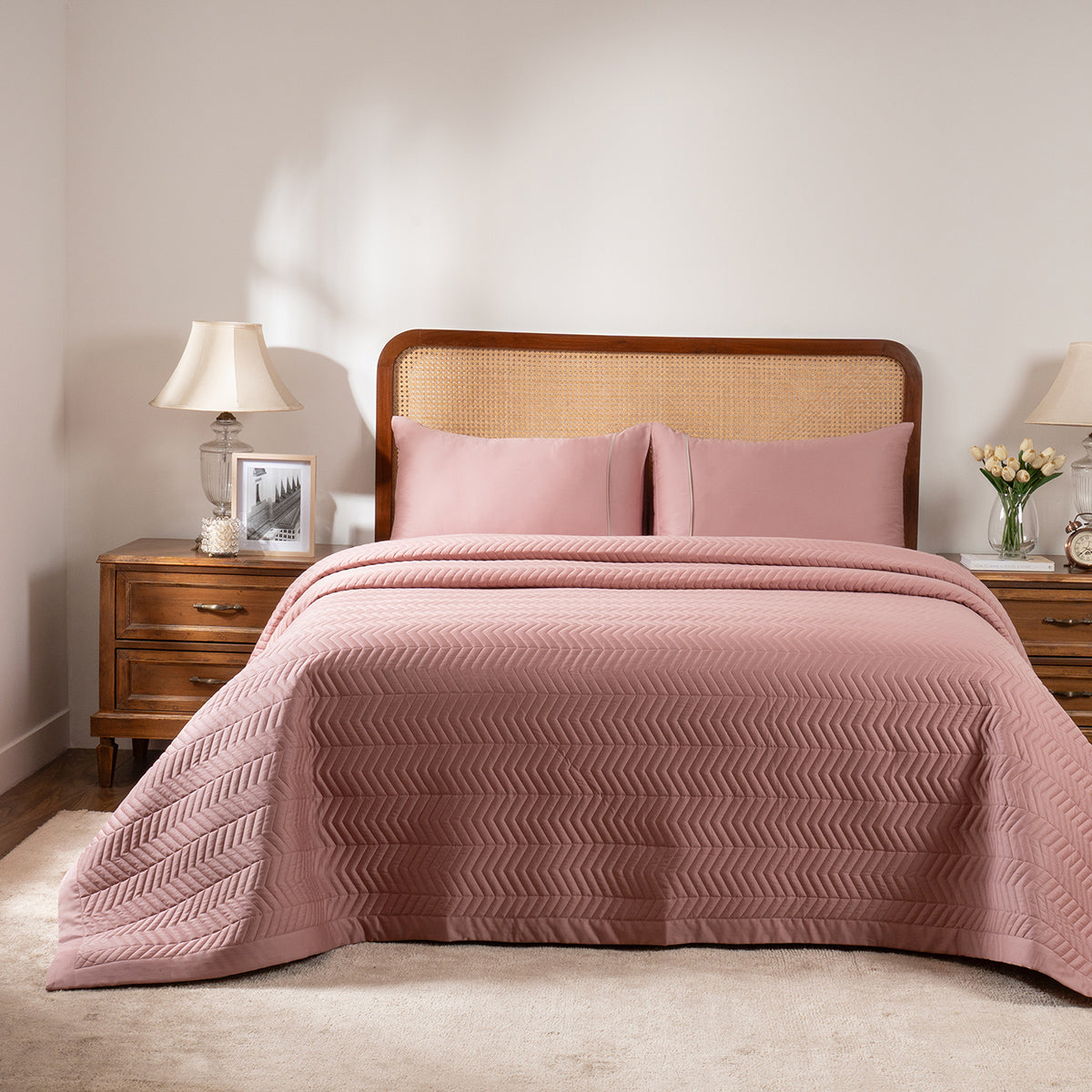 Colorart Penelope AC Quilt Set/Quilted Bed Cover Set/Comforter Misty Rose