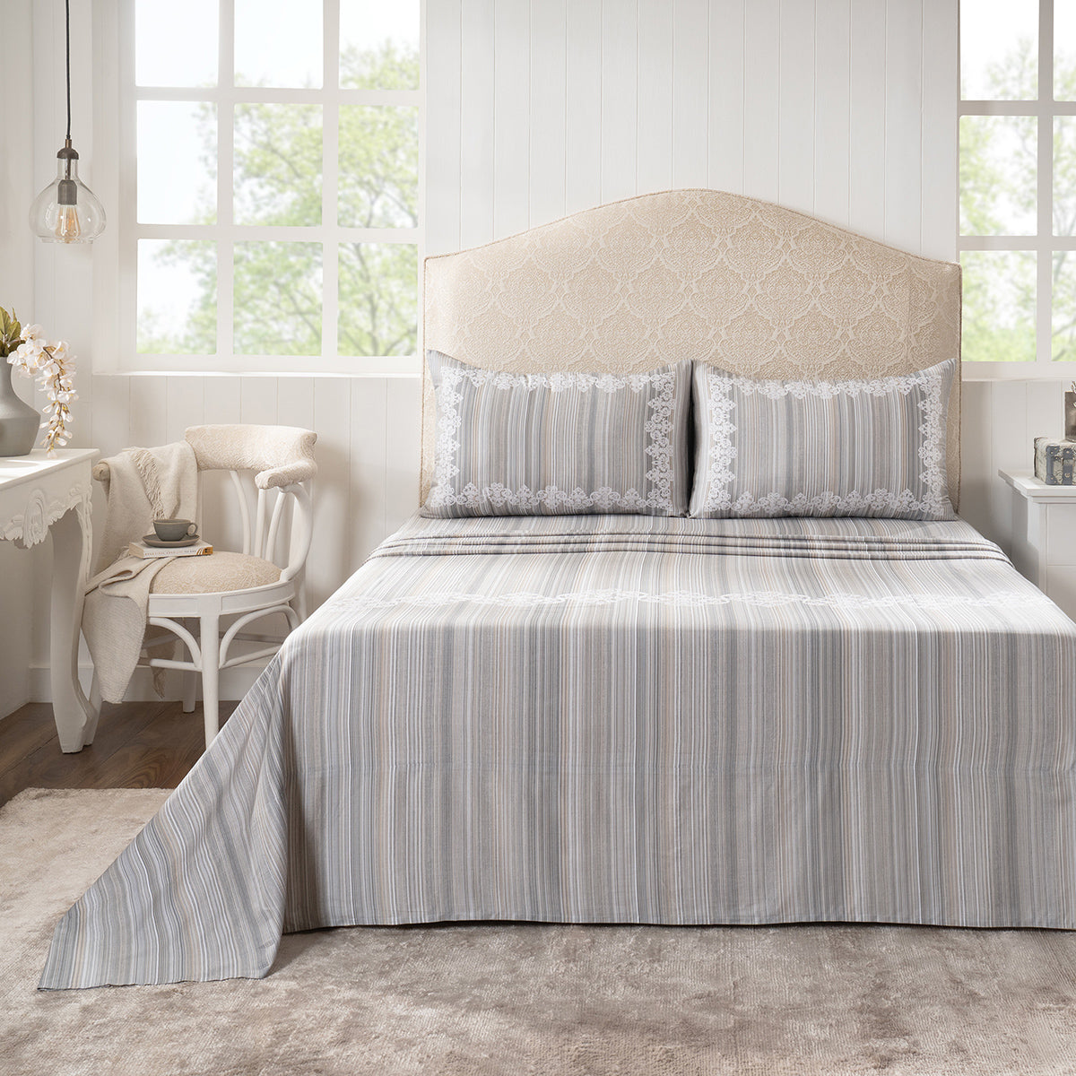 Bedsheet with Pillow Case 100% Cotton Grey Veloura Imperial Grace