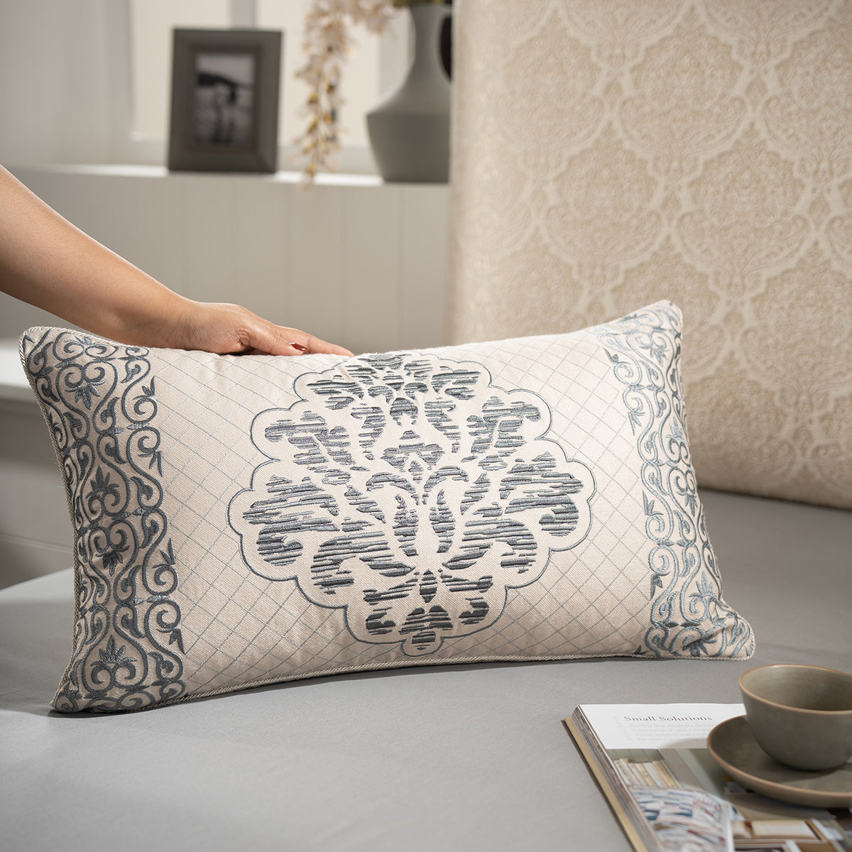 Cushion Cover Grey Aristo Damask Imperial Grace