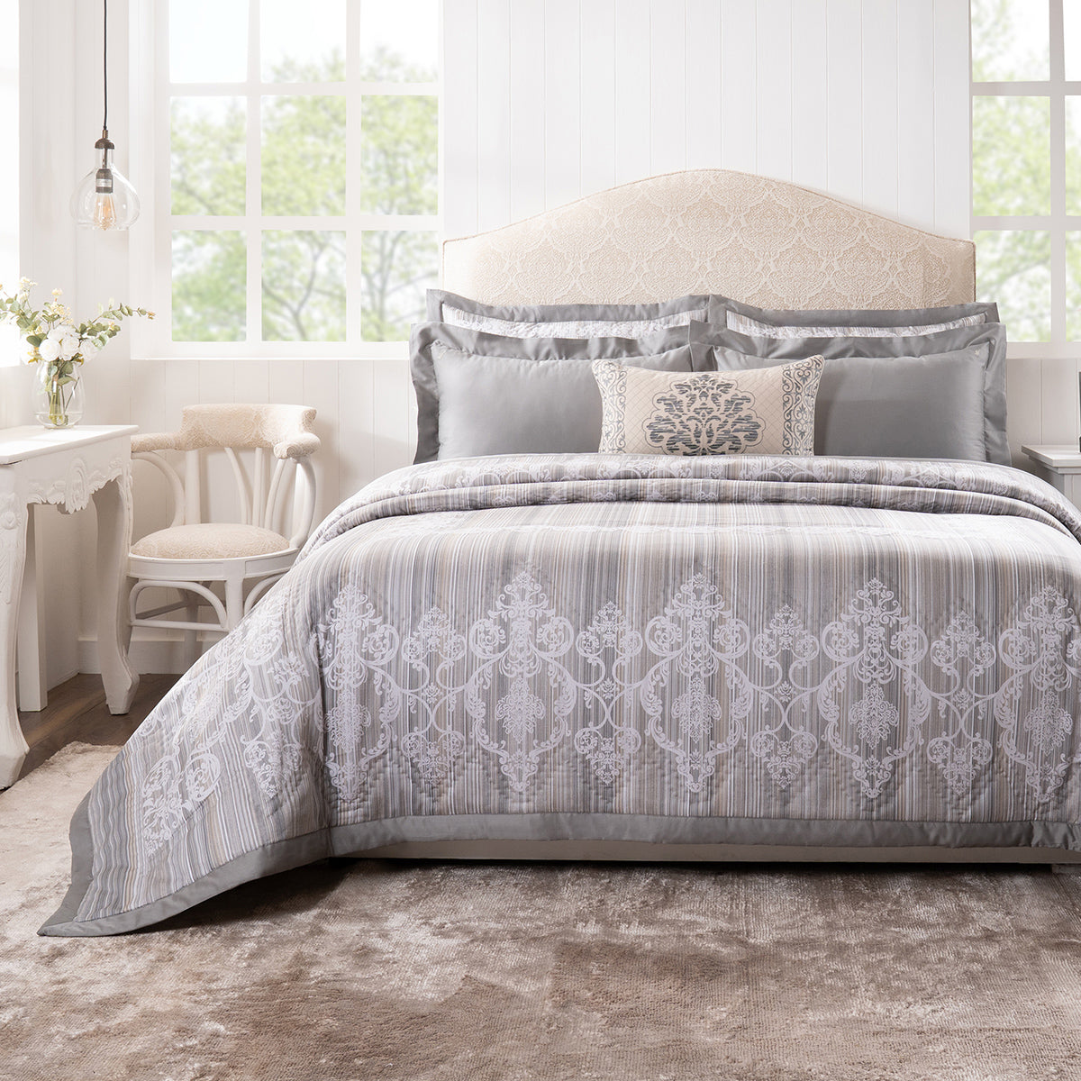 Quilt Set 100% Cotton 8Pcs Grey Veloura Imperial Grace