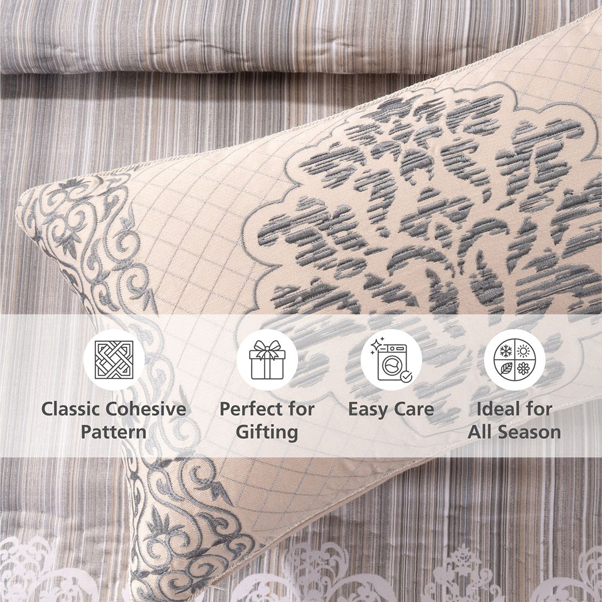 Quilt Set 100% Cotton 8Pcs Grey Veloura Imperial Grace