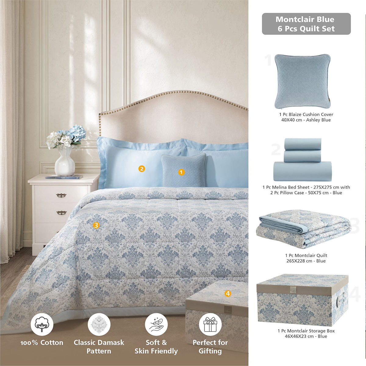 6 Pcs Quilt/Quilted Bed Cover Set Blue Montclair