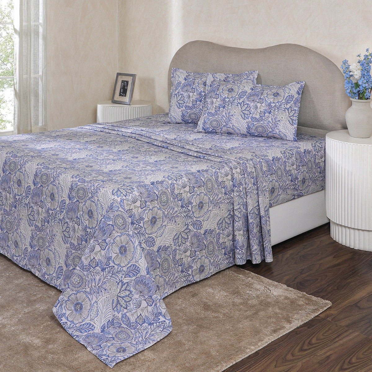 Hermosa Botanic Bloom Petaline 100% Cotton Printed Bedsheet with Pillow Case Blue Shadow
