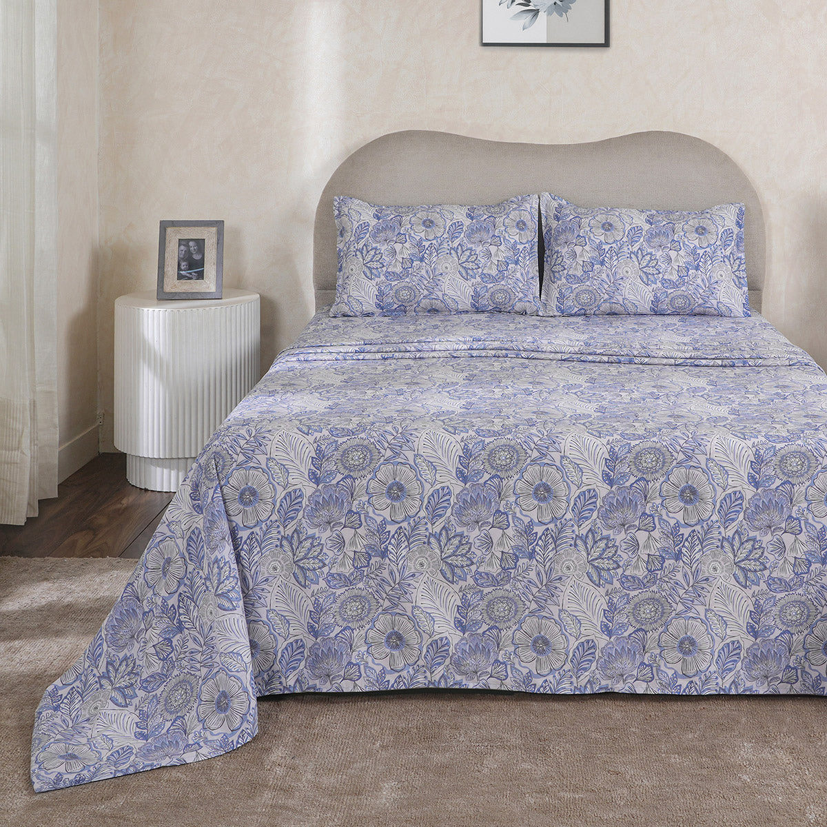 Hermosa Botanic Bloom Petaline 100% Cotton Printed Bedsheet with Pillow Case Blue Shadow