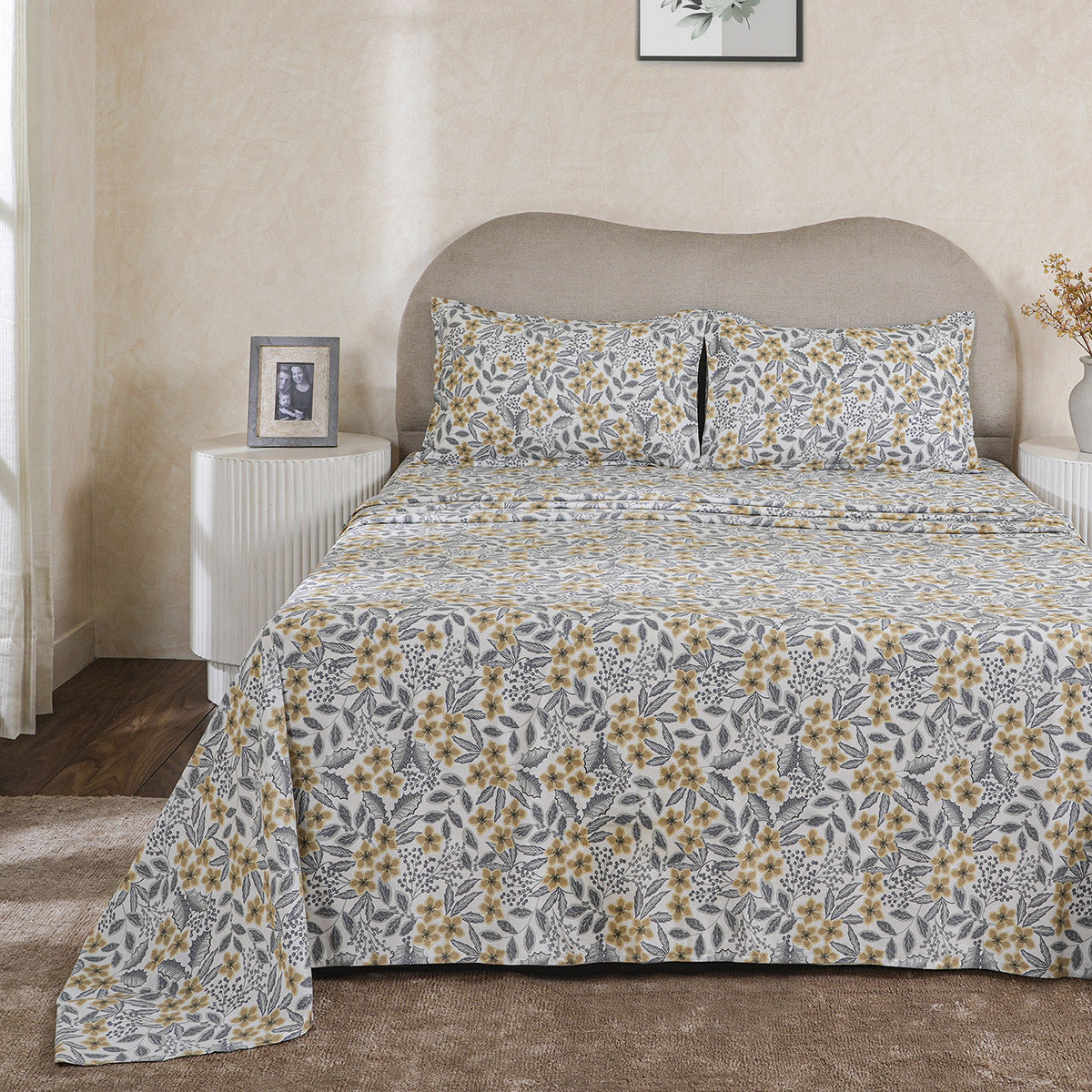 Hermosa Botanic Bloom Fleur Essence 100% Cotton Printed Bedsheet with Pillow Case Yellow