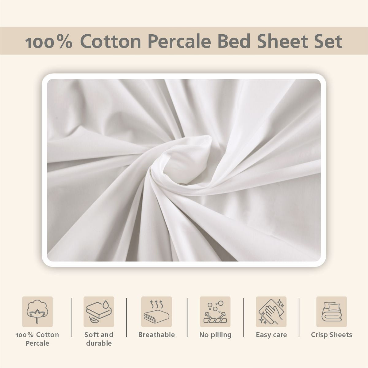 Slumber Plain Easy Care Percale 100% Cotton White Crisp Bed Sheet with Pillow Case