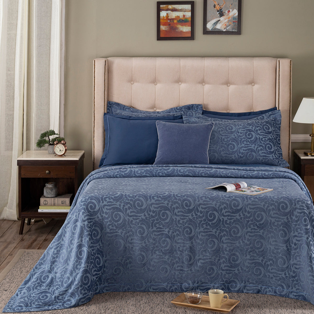 Grandeur Vint Classic 100% Cotton Blue Jacquard Bed Cover Set