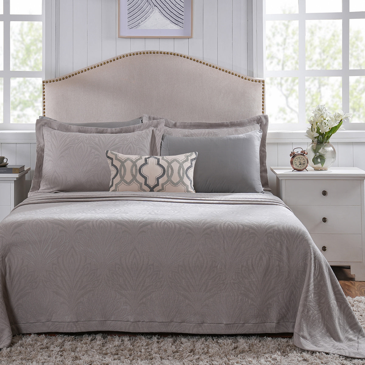 Classical Ornate Acorus Bliss Blend Cotton 8pcs Bed Cover Set Neutral