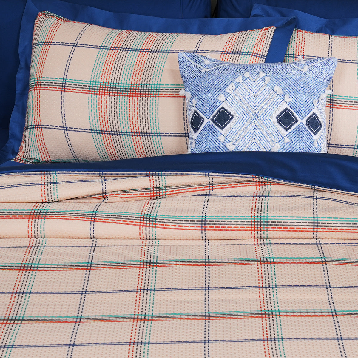 Eclectic Geo Mosaic Plaid Woven 100% Cotton Blue 8 pcs Duvet Cover Set