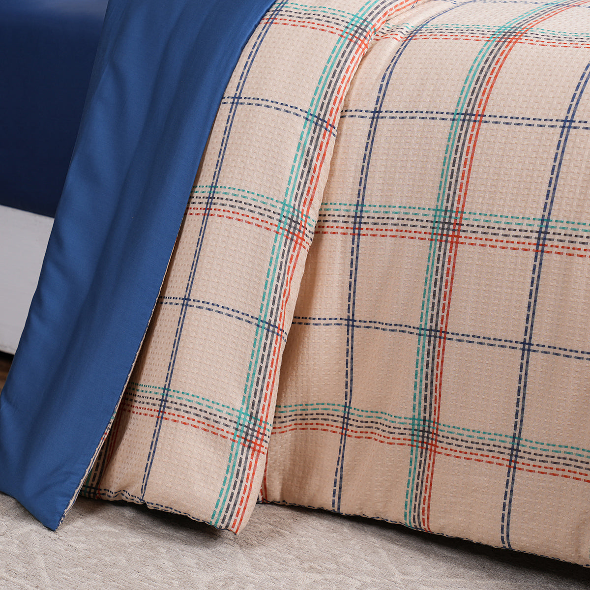 Eclectic Geo Mosaic Plaid Woven 100% Cotton Blue 8 pcs Duvet Cover Set