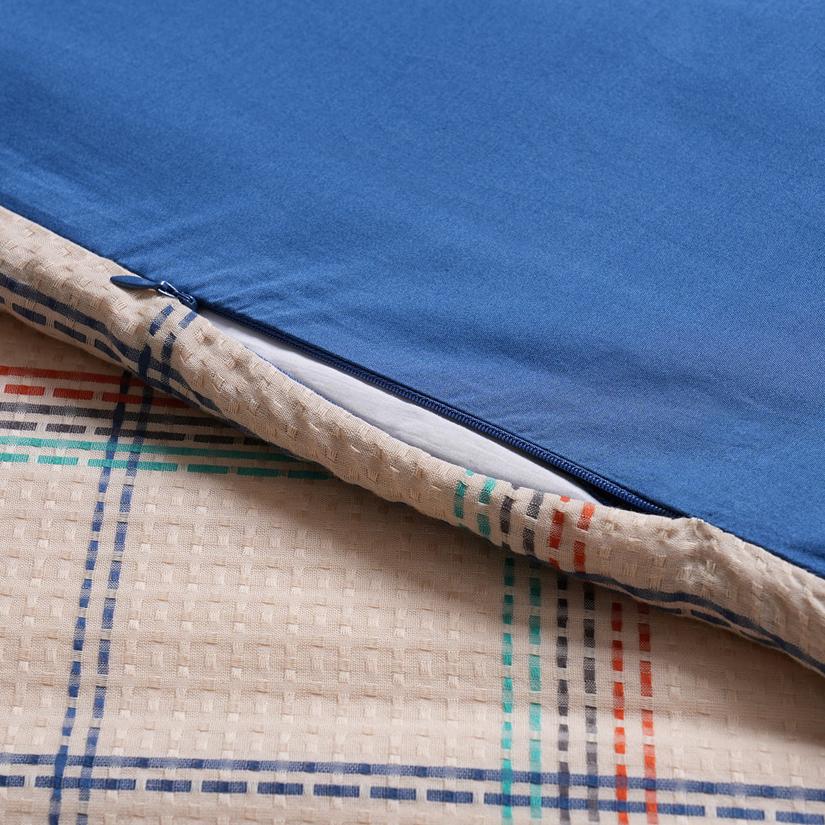 Eclectic Geo Mosaic Plaid Woven 100% Cotton Blue 8 pcs Duvet Cover Set