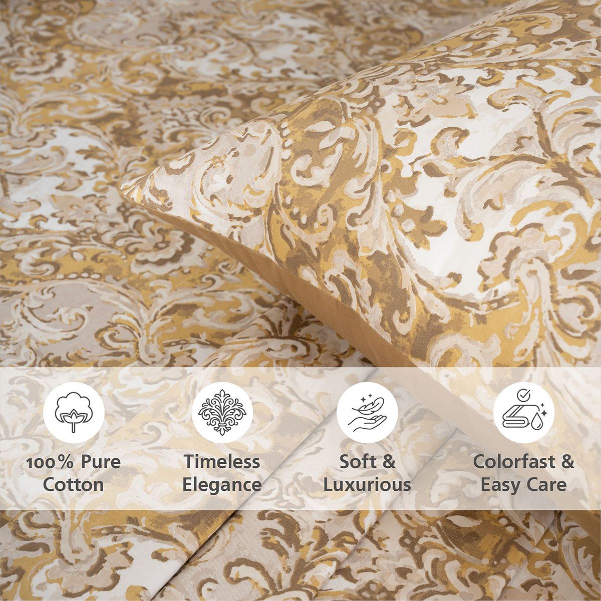 Bedsheet with Pillow Case 100% Cotton Gold Aquarelle Imperial Grace