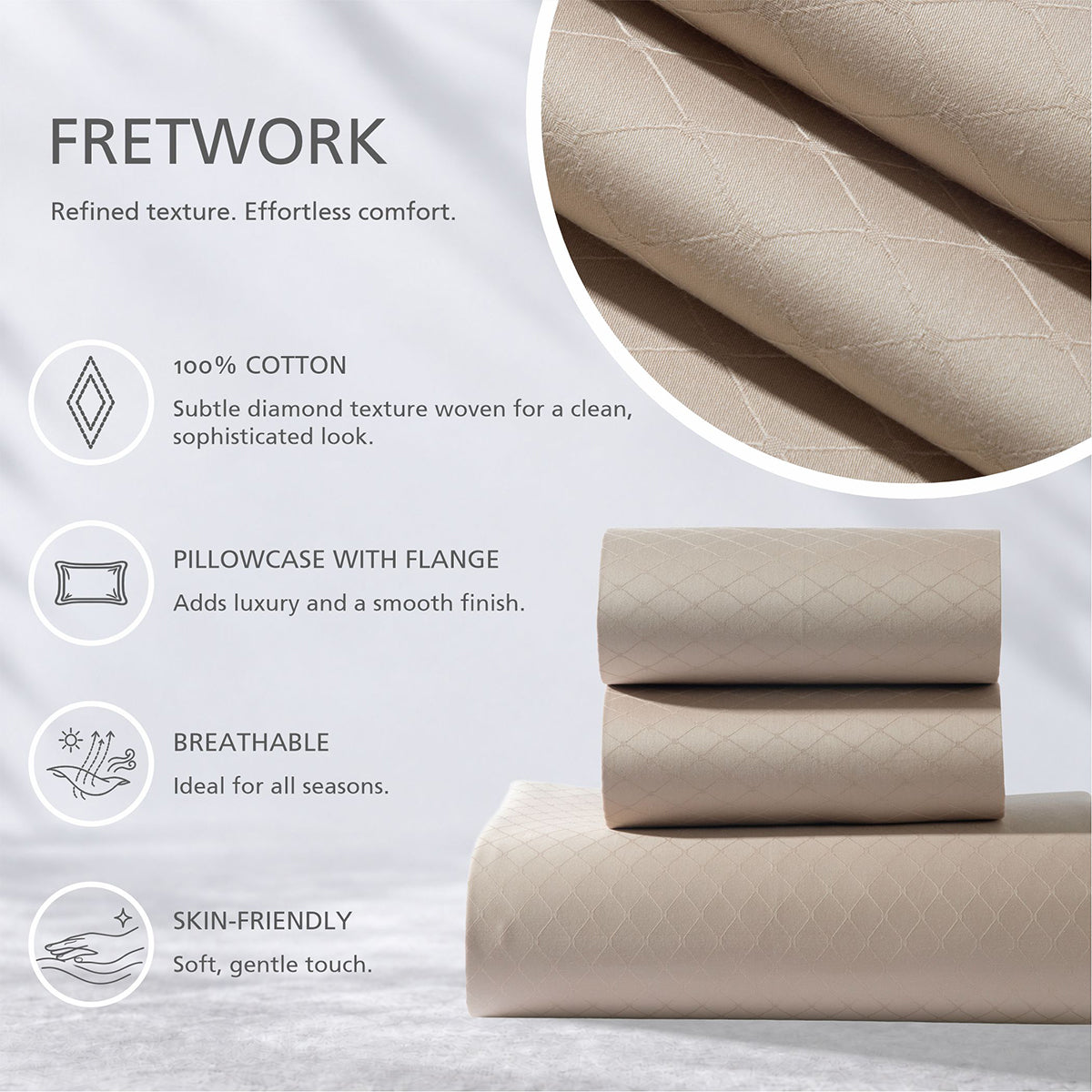 Bedsheet with Pillow Case Fretwork 100% Cotton Jacquard Beige