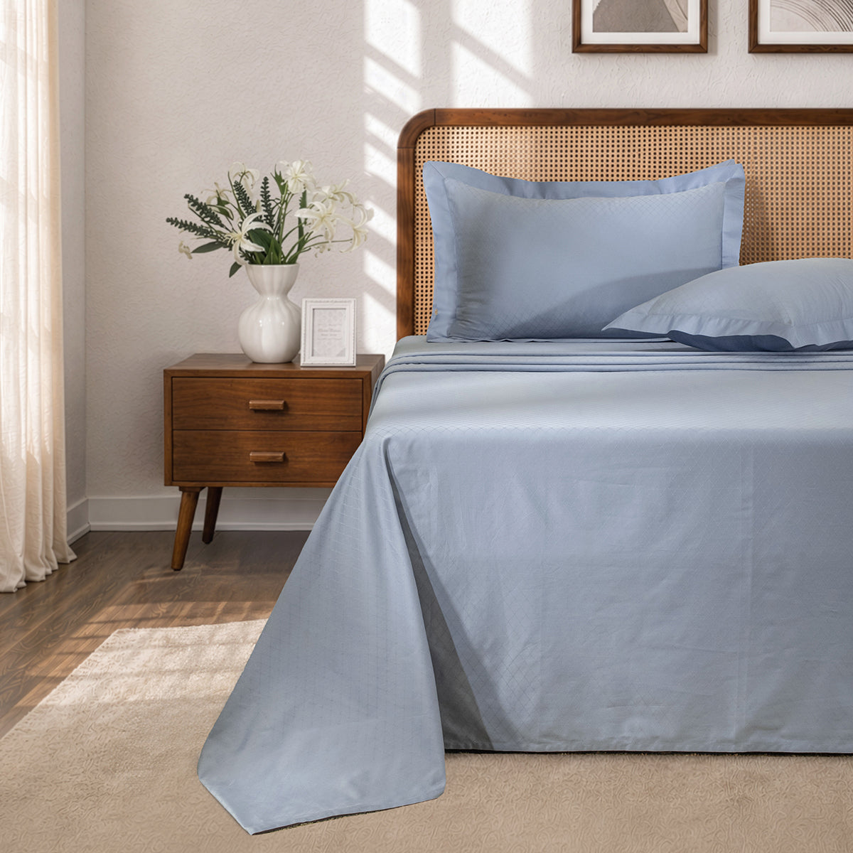 Bedsheet with Pillow Case Fretwork 100% Cotton Jacquard Blue