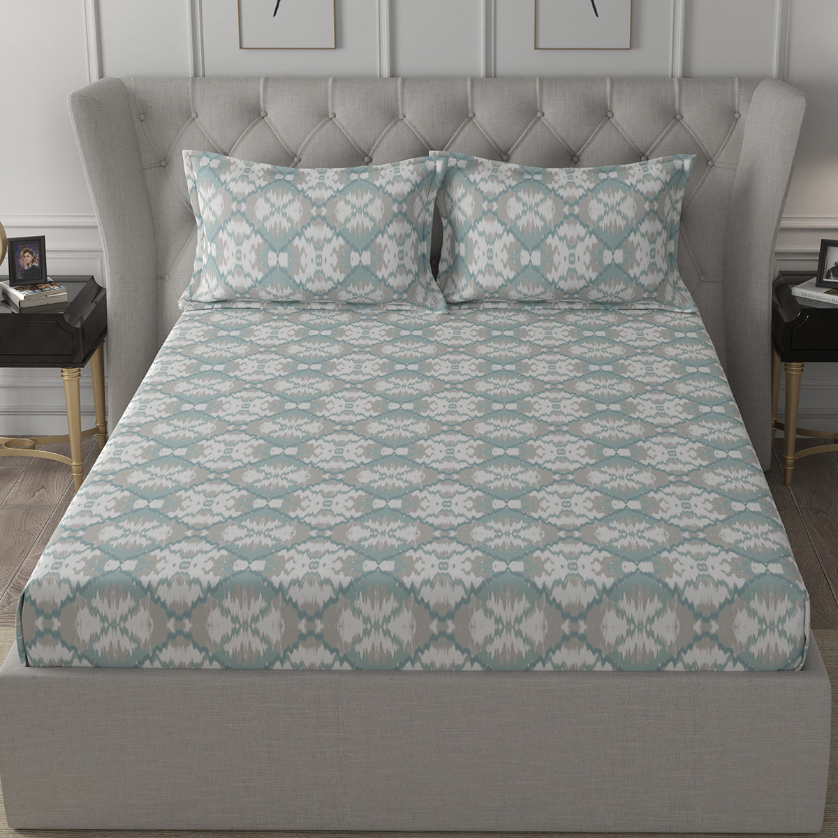 Inhouse Ardour Jonas Printed 200 TC 100% Cotton Blue Bed Sheet with Pillow Case