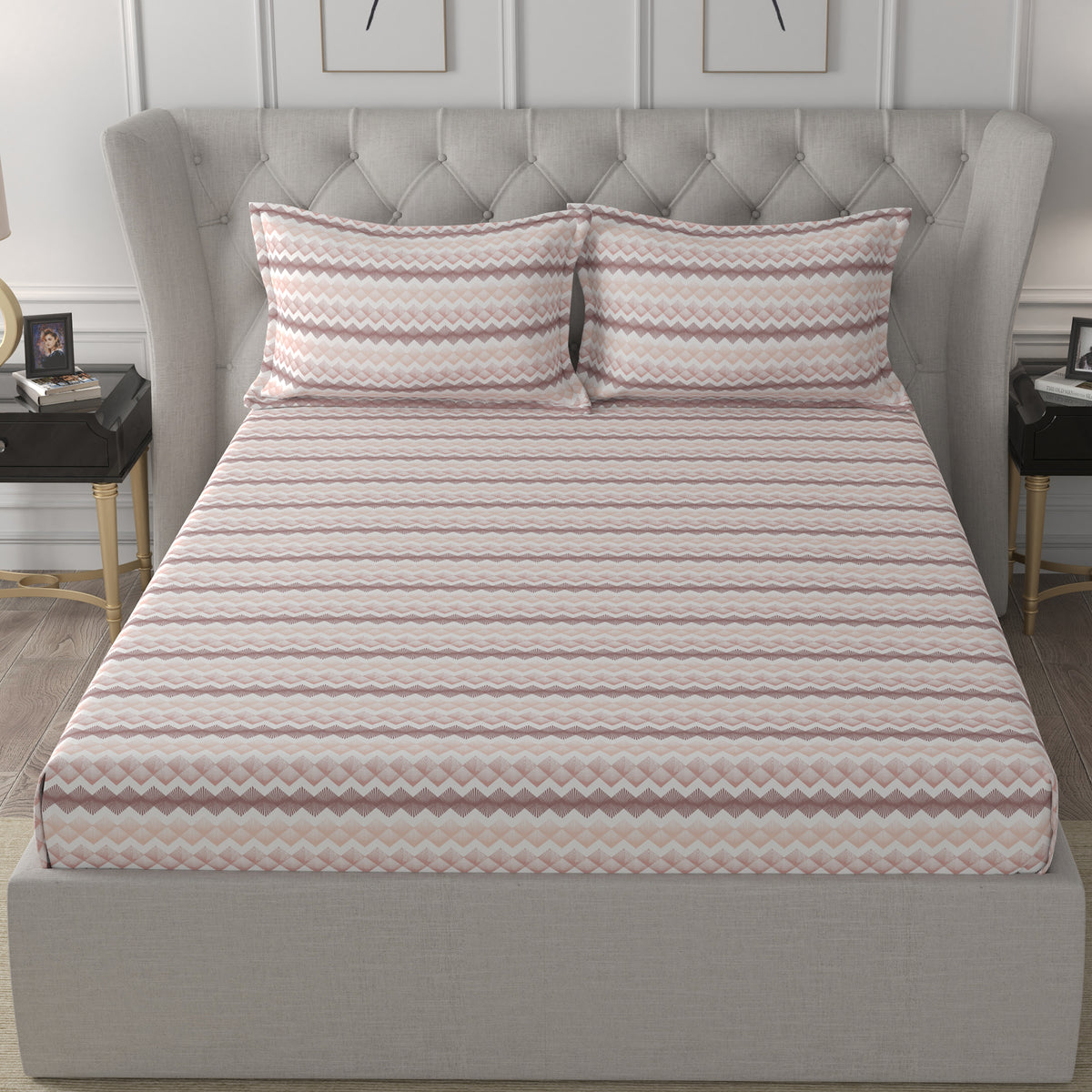Florescence Livia Printed 100% Cotton Pink Bed Sheet with Pillow Case