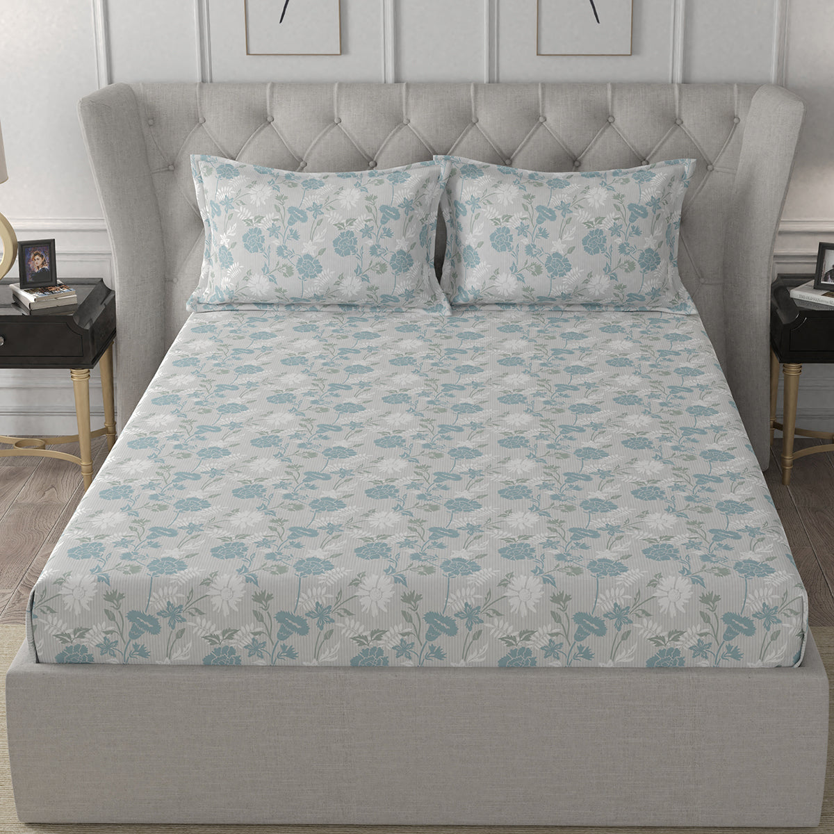 Florescence Briar Blue Bed Sheet With 2 Pillow Covers