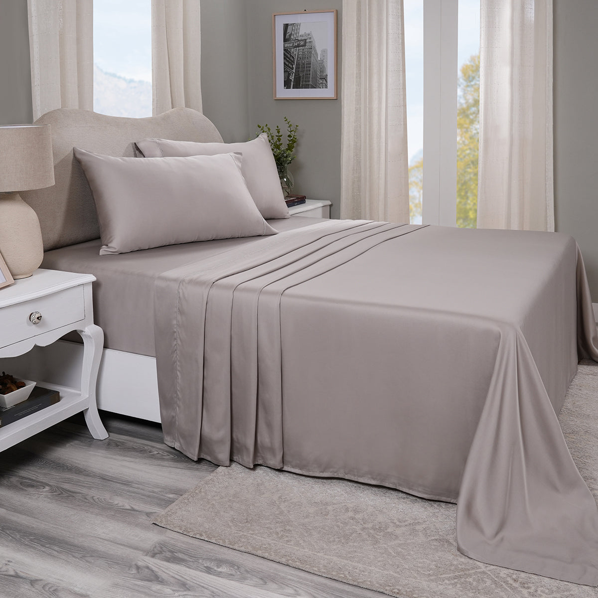 Vintage Noemi Solid 100% Tencelâ„¢ Grey Bed Sheet With Pillow Case
