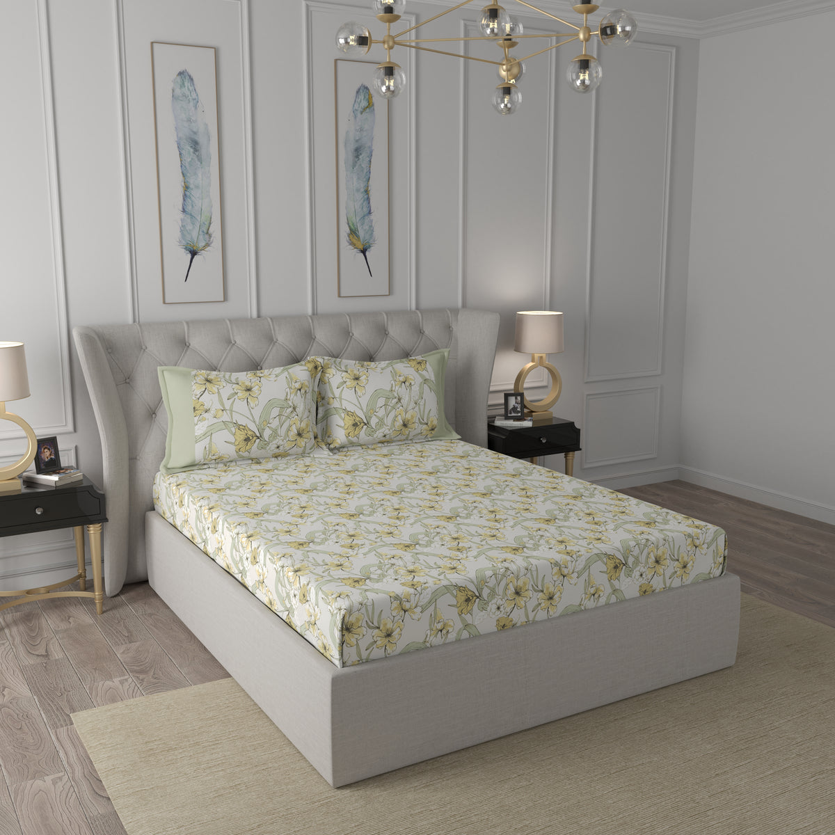 Tranquil Serenity Valencia 100%Cotton Printed Bed Sheet with Pillow Case Yellow